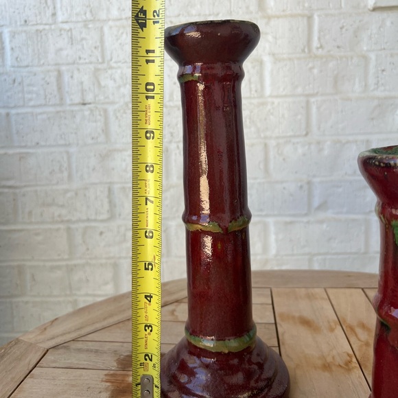 Set of 3 - Vintage - Red Glazed Bamboo Candle Stick Holders - Picture 2 of 11